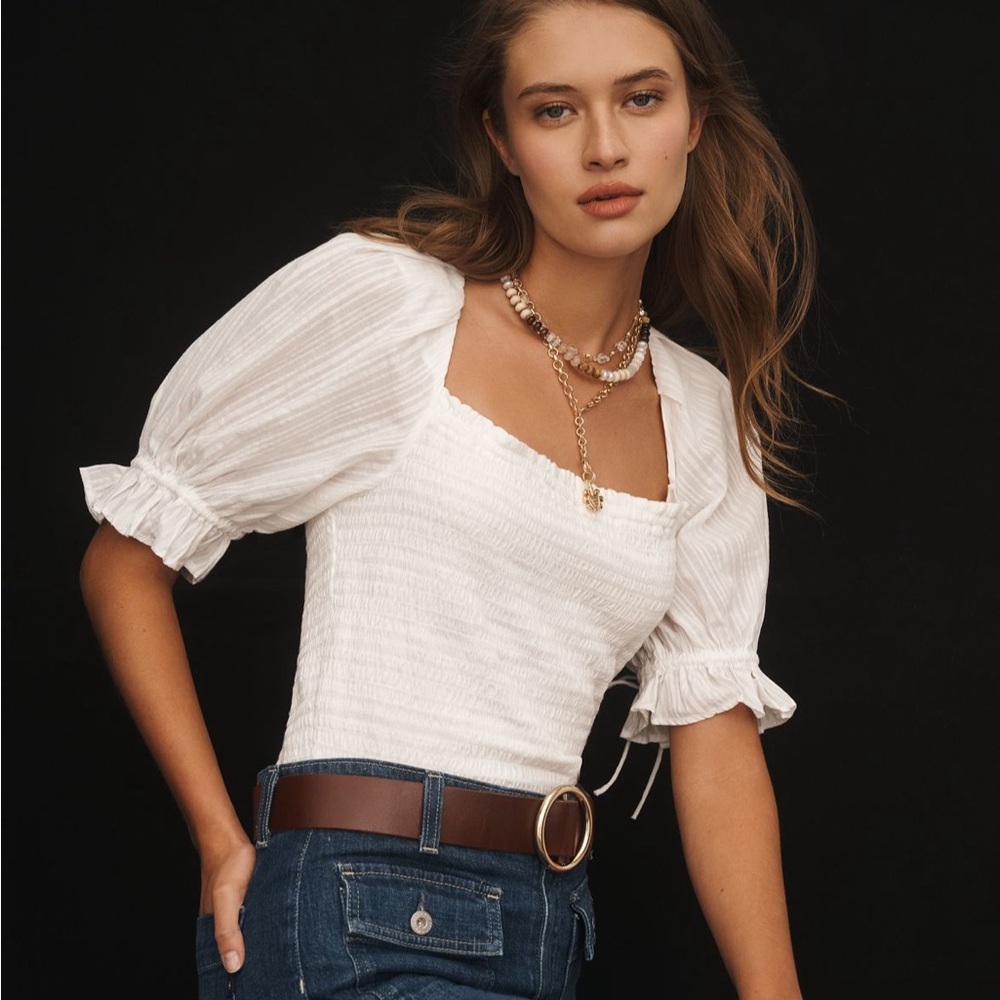 By Anthropologie Seersucker Smocked Puff-Sleeve Crop Top